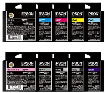 엡손 정품잉크
T46W1 포토블랙
T46W2 파랑
T46W3 선명한 빨강
T46W4 노랑
T46W5 밝은 파랑
T46W6 선명한 밝은 빨강
T46W7 회색
T46W8 매트검정
T46W9 밝은회색
T46WD 보라